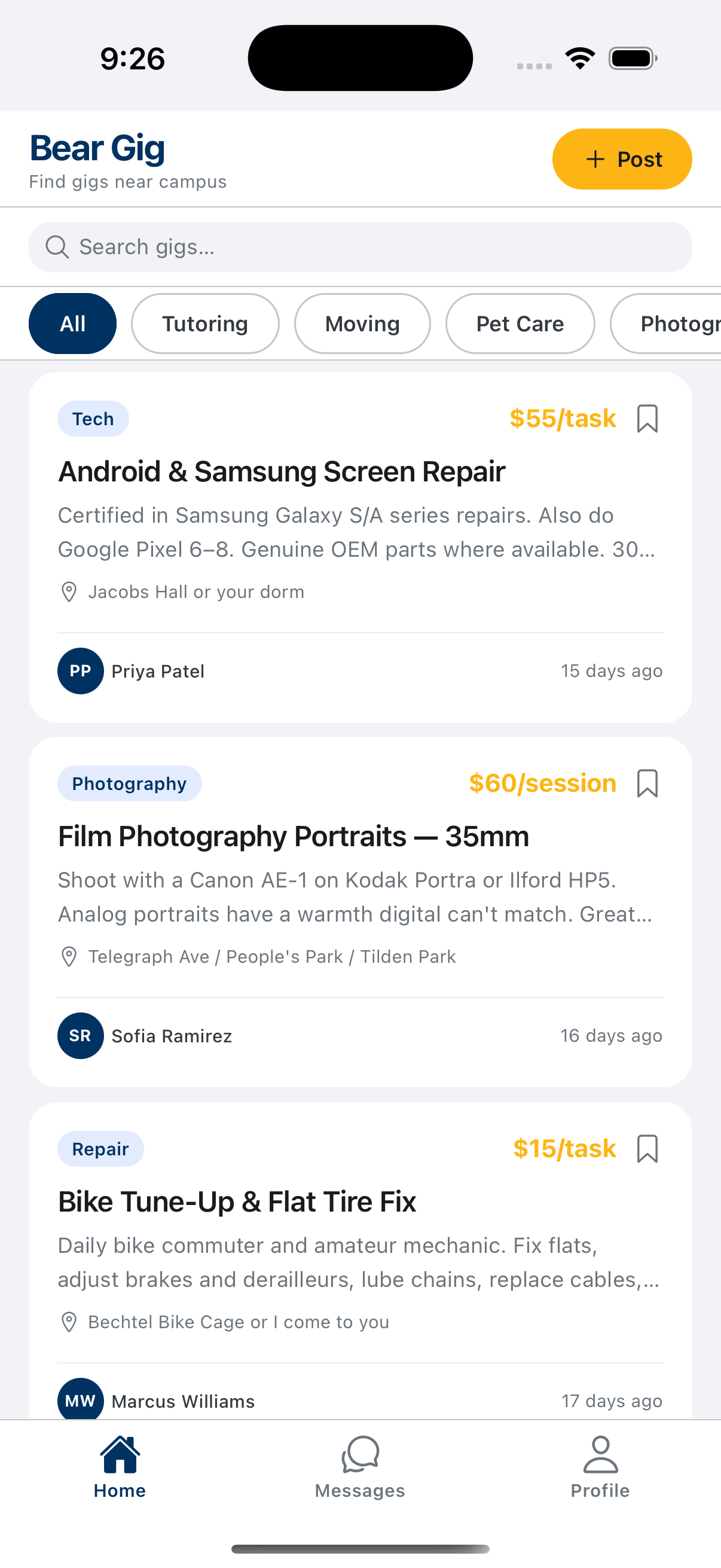 BearGig app home screen showing gig listings